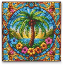  Gyémántszemes kirakó - Pálmafa ólomüvegből Méret: 50x50cm, Keretezés: Kartonlemezen, Gyémántok: Kerek