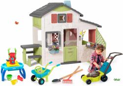 Smoby Set căsuţă Prieteni și masă nisipar cu moară Friends House Life Smoby extensibilă cu bucătărie și sonerie electronică și mașină de tuns iarba cu roabă (SM810207-12) Casuta pentru copii