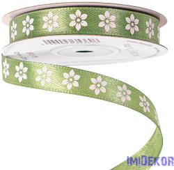  Virágmintás szatén szalag 12mm x 20m - Mohazöld