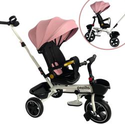 Pepita Fleppy Tricicletă cu scaun rotativ la 360°, scaun reglabil, mâner de împingere și coș - roz (TX-568-pink)