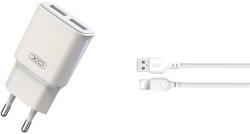 XO L92C 2.4A töltő (Fehér) - dupla USB csatlakozó, Lightning kábellel