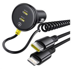 Baseus autós töltő USB+Type-C aljzat (27W, PD gyorstöltő, + fix spirál Type-C - lightning kábel) FEKETE (C00035902121-00) - bluedigital