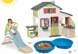 Smoby Set căsuţa Prietenilor și tobogan de 1, 5 m GM Slide Friends House Life Smoby extensibilă cu bucătărie și sonerie electronică cu nisipar scoică (SM810207-35) Casuta pentru copii