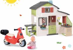 Smoby Set căsuţa Prietenilor și babytaxiu cu valiză Friends House Life Smoby extensibilă cu bucătărie de vară și păpușa Corolle (SM810207-63) Casuta pentru copii