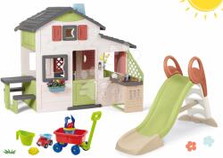 Smoby Set căsuţa Prietenilor și tobogan de 1, 5 m Friends House Life Smoby extensibilă cu joc de apă și bucătărie cu sonerie și cărucior de tras (SM810207-36) Casuta pentru copii