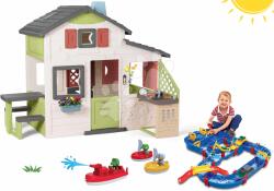 Smoby Set căsuţa Prietenilor și pista de apă cu baraj Friends House Life Smoby extensibilă cu bucătărie și sonerie electronică cu barcă și 2 bărci cu pânză (SM810207-40) Casuta pentru copii