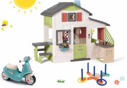 Smoby Set căsuţa Prietenilor și babytaxiu de curse Friends House Life Smoby extensibilă cu roți de cauciuc și bucătărie cu sonerie și cercuri de aruncat (SM810207-44) Casuta pentru copii