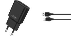 XO L92C 2.4A töltő (Fekete) - dupla USB csatlakozó, Lightning kábellel