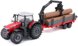 Bburago 1: 50 Massey FERGUSSON 8740S traktor + rönk szállító utánfutó farönkökkel (43BB31659)