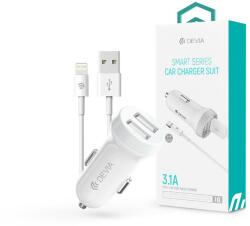 DEVIA szivargyújtós töltő adapter 2xUSB bemenettel + USB - Lightning kábel - 15W- Devia Smart Series Dual Car Charger Suit - fehér