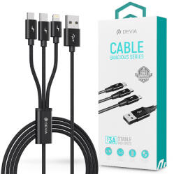 DEVIA USB töltőkábel 1, 2 m-es vezetékkel - Devia Gracious Series 3in1 for Lightning/microUSB/Type-C - 5V/3A - fekete - rexdigital