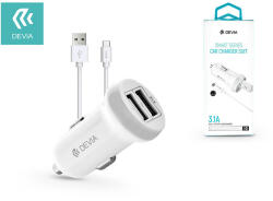 DEVIA 2xUSB szivargyújtó töltő adapter + USB - Type-C kábel 1 m-es vezetékkel - 15W - Devia Smart Series Car Charger Suit - fehér