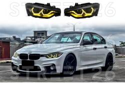 TUNING-TEC Faruri Full Angel Eyes LED DRL compatibil cu BMW Seria 3 F30 F31 Sedan Touring (2011-2015) Negru Galben (7017)