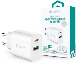 DEVIA hálózati töltő adapter Type-C + USB bemenettel - 20W - Devia Smart Series PD3.0 + QC3.0 Quick Charger V2 - fehér