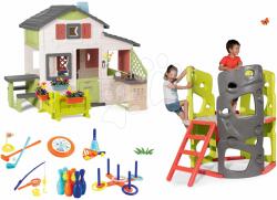 Smoby Set căsuță Prietenilor cu curte din față și tobogan cu prelată de cățărat Friends House Life Smoby extensibilă și cu tobogan de 150 cm și bucătărie cu set sportiv pentru bucătărie (SM810250-A11) Casuta pentru copii