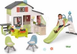 Smoby Set casuța Prietenilor cu curte în față și tobogan de 2 metri Friends House Life Smoby extensibilă cu fântână cu jet de apă și bucătărie cu 2 scaune pentru copii KidChair (SM810250-A5) Casuta pentru copii