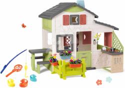 Smoby Set casa Prietenilor cu teren în față și undiță Friends House Life Smoby extensibil/expandabil cu trei rățuște și bucătărie de vară cu 17 accesorii (SM810250-A4) Casuta pentru copii