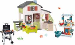 Smoby Set de casă Prietenilor cu pridvor și grill Barbecue Friends House Life Smoby bucătărie extensibilă cu bancă cu legume și cărucior (SM810250-A19) Casuta pentru copii