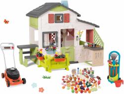 Smoby Set casa Prietenilor cu grădină în față și cositoare Friends House Life Smoby cu extensie și căruț cu unelte pentru grădină și bucătărie cu produse alimentare (SM810250-A20) Casuta pentru copii