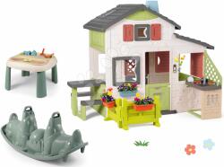Smoby Căsuță Prietenilor cu grădină din față și leagăn cu două locuri Friends House Life Smoby extensibilă cu bucătărie și masă pentru apă și nisip cu copertină (SM810250-A1) Casuta pentru copii
