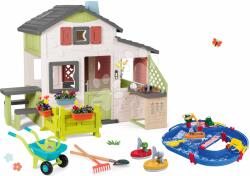 Smoby Set căsuța Prietenilor cu grădină cu pistă de apă Start Set Friends House Life Smoby extensibilă cu bărci și bucătărie și roabă cu unelte de grădină (SM810250-A18)