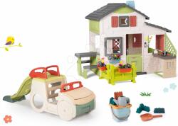 Smoby Setul căsuță Prietenilor cu curte și tobogan Mașina Friends House Life Smoby extensibil cu pătuț cu nisip în portbagajul setului și tobogan de 1, 5 m cu jet de apă și bucătioară (SM810250-A10) Casuta pentru copii