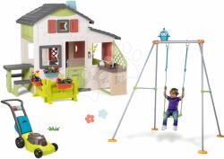 Smoby Set casă Prietenilor cu curte în față și leagăn Portique Friends House Life Smoby extensibilă cu structură metalică și bucătărie cu mașină de tuns iarba cu sunet (SM810250-A7) Casuta pentru copii
