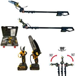 HAYAMI 1004-CC Magassági Ágvágó Szett, Láncfűrész és Metszőolló Teleszkópos hosszabító karral, 2db 48V akku