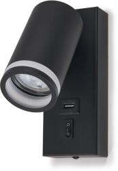 BERGE Aplica de perete LED GU10 cu întrerupător și port USB - lampă de noapte neagră (KINKIET-BK-N-GU10-B)