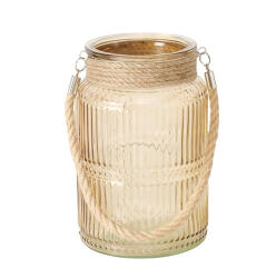Boltze Home Collections Bézs bordásüveg mécsestartó kötélfüllel, 21x13, 5cm (2054680)