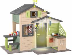 Smoby Căsuța Prietenilor cu zonă de ședere sub stația meteorologică Friends House Evo Playhouse Life Smoby cu podea și lampă în nuanțe naturale, extensibilă pentru joacă (SM810251-2G) Casuta pentru copii