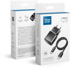 Blue Star Hálózati töltőfej + micro USB adatkábel, fekete, 1M, 1A, Bluestar