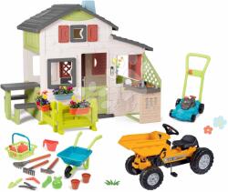 Smoby Set căsuță Prietenilor cu grădință în față și tractor cu pedale Jim Friends House Life Smoby extensibil cu remorcă basculantă și bucătărie cu roabă și mașină de tuns gazon (SM810250-A21) Casuta pentru copii