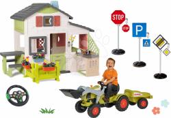 Smoby Set Casă Prietenilor cu pridvor spre față și tractor cu pedale Claas Friends House Life Smoby extensibil cu remorcă, volan cu sunete, și bucătărie dotată cu semne de circulație (SM810250-A22) Casuta pentru copii