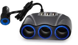  Autós szivargyújtó hub 3xCL 120W töltővel 3x USB 3, 1A kábellel (XXX)