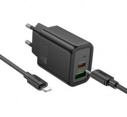 hoco. N63 hálózati töltőadapter, töltőfej 30W, 3A, 1 x USB-A, 1 x USB-C + Lightning adatkábel, töltőkábel, fekete
