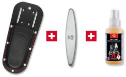FELCO Metszőolló PRÉMIUM tartozék csomag: FELCO 910 Black bőr metszőolló tok + FELCO 903 gyémánt bevonatú fenőacél + FELCO 981 tisztító spray