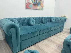 MobAmbient Canapea turcoaz din catifea, 4 locuri - model CHESTERFIELD Canapea