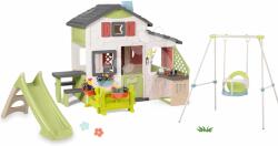 Smoby Set casă Prietenilor cu curte în față și leagăn Friends House Life Smoby modificabil cu construcție metalică și tobogan de 90 cm cu cursă cu apă (SM810250-A36) Casuta pentru copii