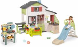 Smoby Set de casă Friends cu grădină în față și tobogan de 1, 5 m cu jet de apă, Casa Prietenilor Smoby extensibilă și bucătărie de grădină cu rezervor de apă (SM810250-A32) Casuta pentru copii