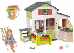 Smoby Set căsuță Prietenilor cu grădinuță în față și șezlong din lemn Friends House Life Smoby extensibilă, cu bucătărie și hrănitoare din lemn pentru păsări (SM810250-A41) Casuta pentru copii