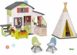 Smoby Set căsuță Prietenilor cu grădină și cort pentru copii natural Friends House Life Smoby extensibilă, reglabil-pe-înălțime, cu bucătărie și 2 scaune KidChair (SM810250-A43) Casuta pentru copii