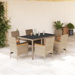 vidaXL 7 részes bézs polyrattan/üveg kerti étkezőgarnitúra párnákkal (3278660)