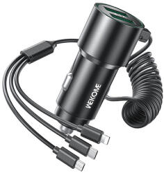 WEKOME WP-C44 Pop digitális sorozat - Autós töltő beépített 3 az 1-ben USB-C / Lightning / Micro USB + 2x USB-A 33 W-os kábellel fekete (WK-WP-C44_BLACK)