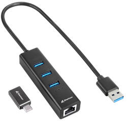 Sharkoon USB Hub - Aluminium Hub Type-C adapter + RJ45 (3port; USB3.2 Gen 1; Fekete) (KELSHA037575)