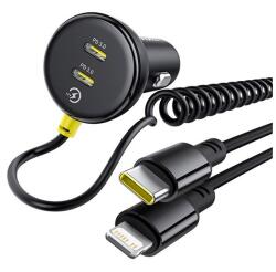 Baseus autós töltő usb+type-c aljzat (27w, pd gyorstöltő, + fix spirál type-c - lightning kábel) fekete (C00035902121-00) - rufusz