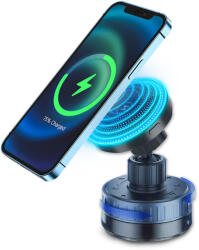 Techsuit - Autós tartó vezeték nélküli töltéssel (HOLD253) - MagSafe N52 mágnesek 15W, erős tapadókorong, műszerfalra - Fekete