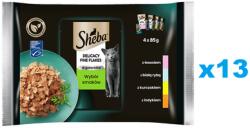 Sheba Delicacy Fine Flakes Ízek választéka tasakok 52x85 g teljes értékű nedves eledel felnőtt macskáknak zselésített darabokban: lazac, fehér hal, csirke, pulyka