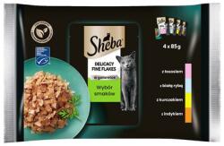 Sheba Delicacy Fine Flakes Ízek választéka tasakok 4x85 g teljes értékű nedves eledel felnőtt macskáknak zselésített darabokban: lazac, fehér hal, csirke, pulyka