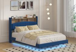  Pat MARIO Complet Tapitat Catifea, Cu Iluminare Led Integrada, Somiera Inclusa, Albastru, Fara Saltea